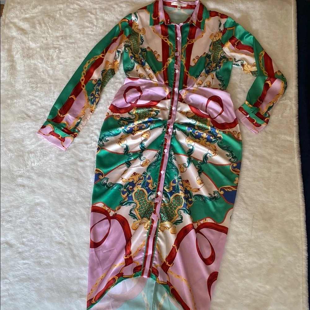 NWOT HER BOTTARI Vibrant Patterned Button-Up Shirt Dress Scarf Print Size L - Picture 2 of 16